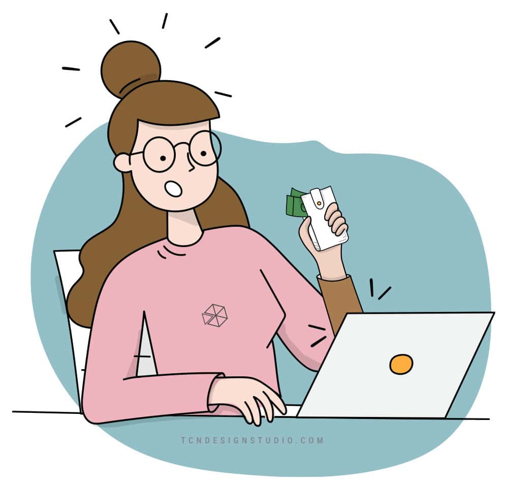 Illustration of a girl in front of a computer with a hand full of money coming out of the screen