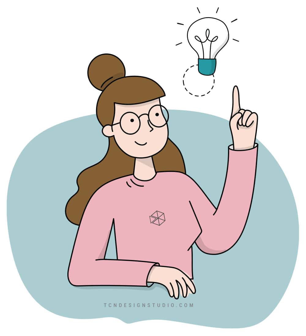 A girl pointing up, with a light bulb over the head having an idea