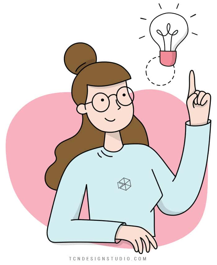 Illustration of a girlhaving an idea pointing up at a light bulb