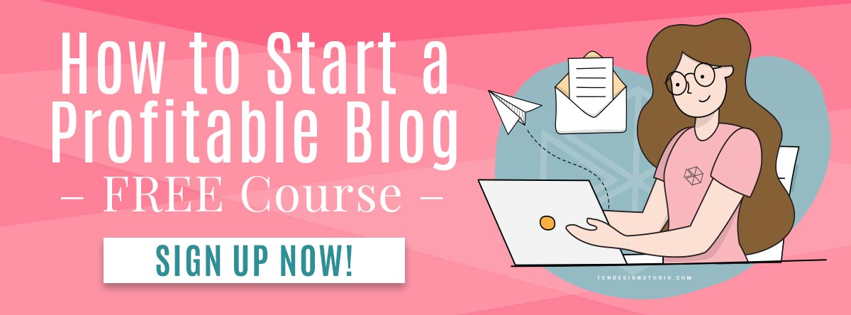Start a Profitable Blog Free course Promo with Illustration of a girl on a computer