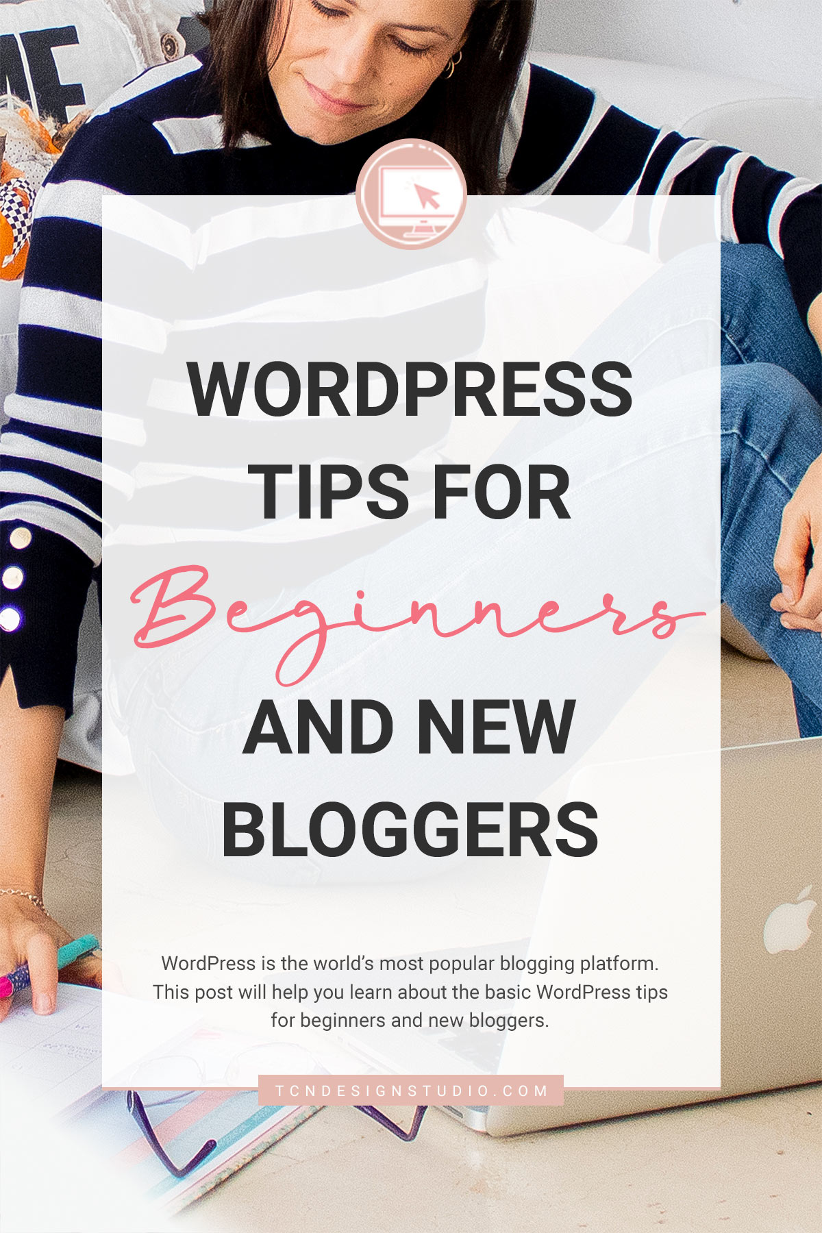 WordPress tips for beginners and new bloggers Cover Image photo background with Title text overlay