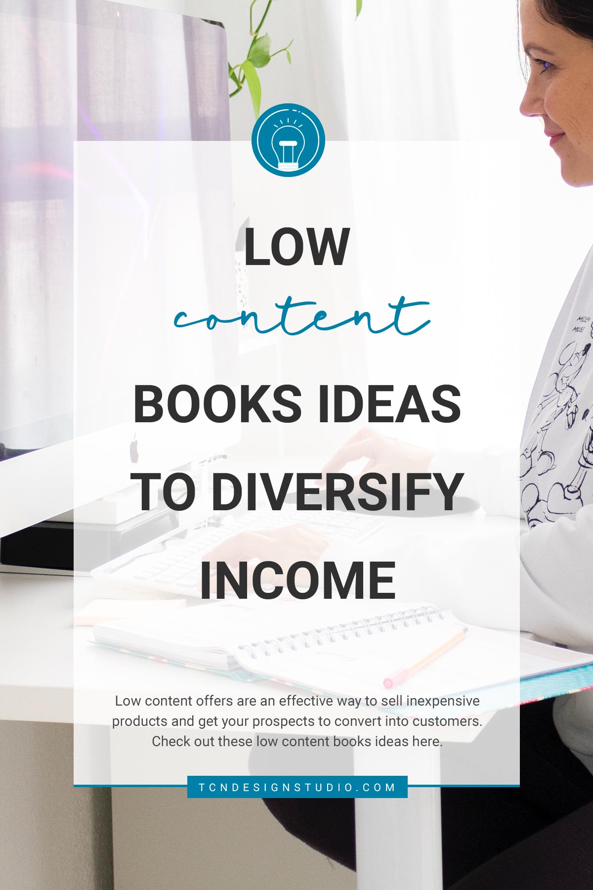 Low Content Books Ideas: Increase Revenue without Spending Hours Development Cover image with photo brackgrounds and title text overlay