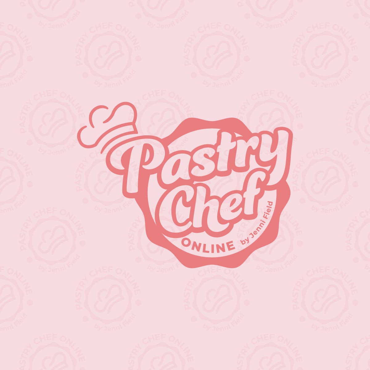 Pastry Chef Online Alternate Logo Pink on patterned background