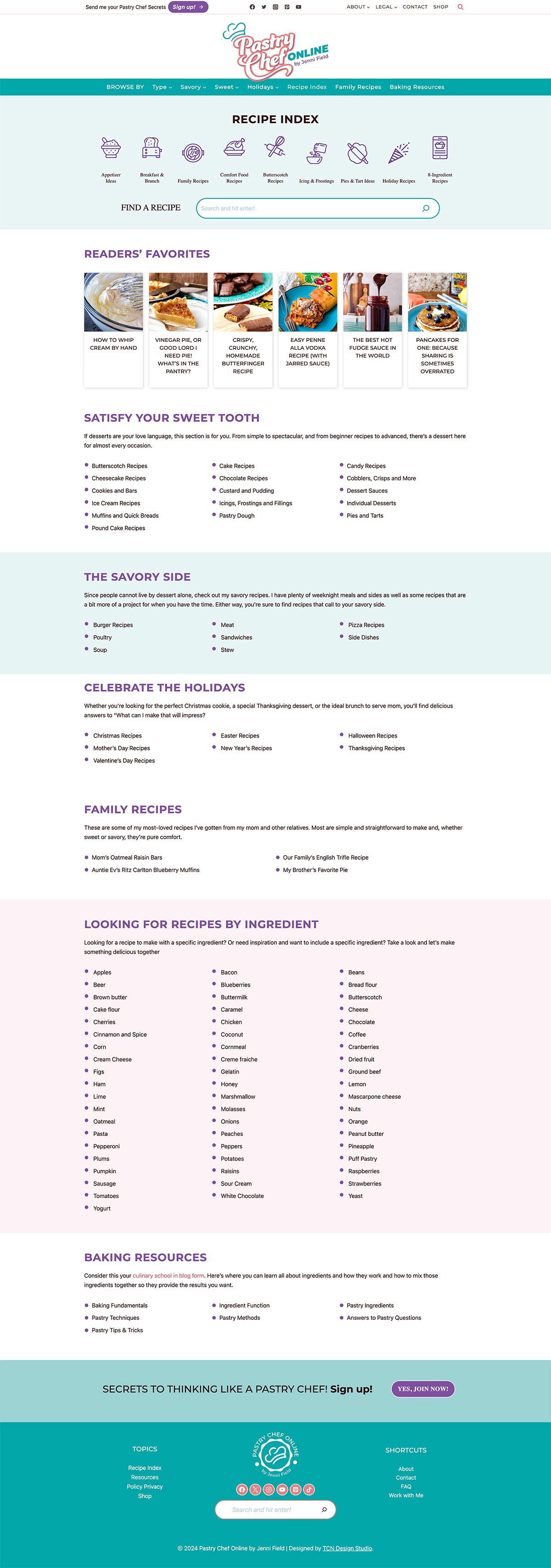 Pastry Chef Online Custom Website design featuring Recipe Index