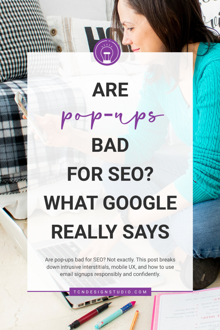 Are Pop-Ups Bad for SEO? What Google Really Says. Image for pinterest with photo and title overlay