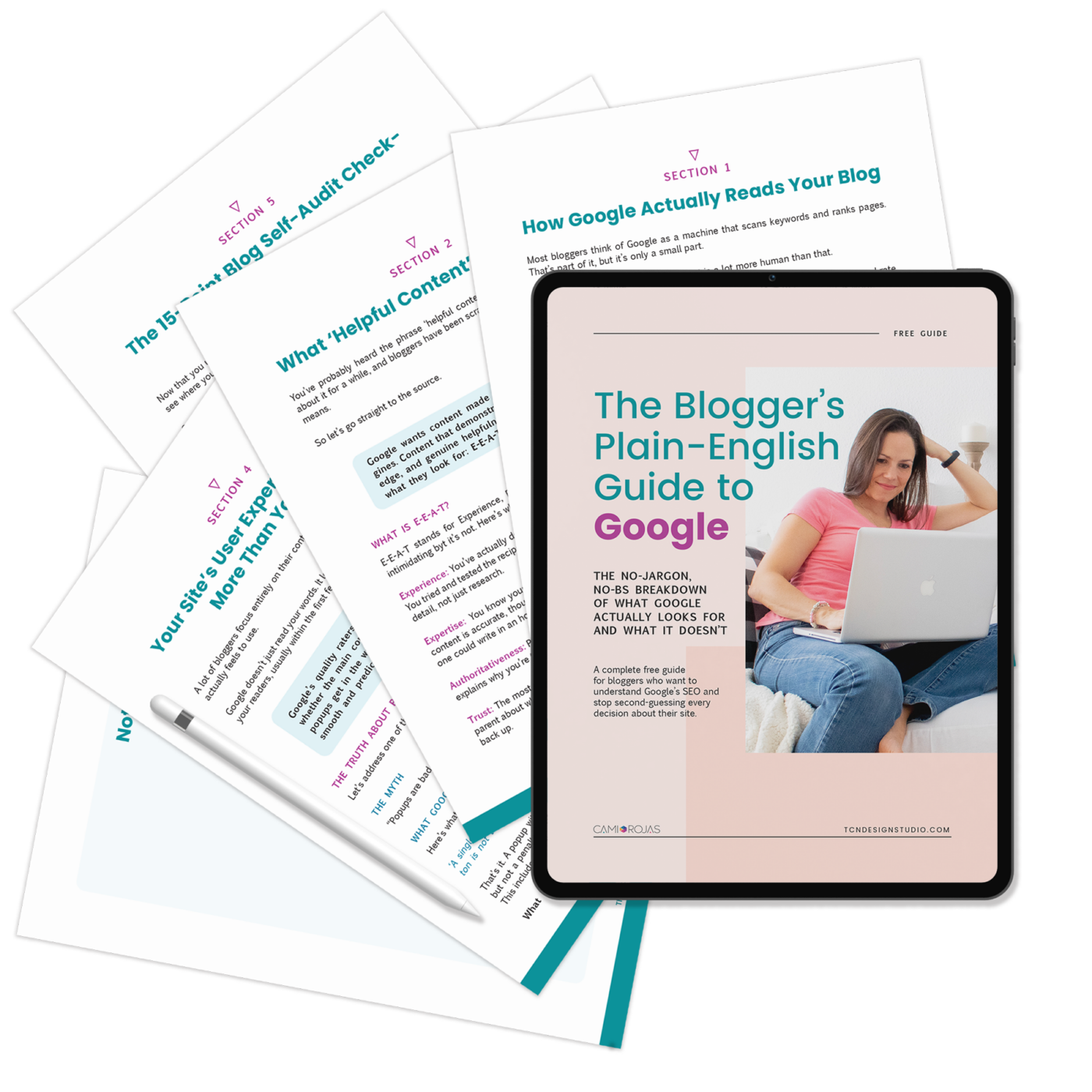 Girl reading a blog guide on Google SEO and content optimization.