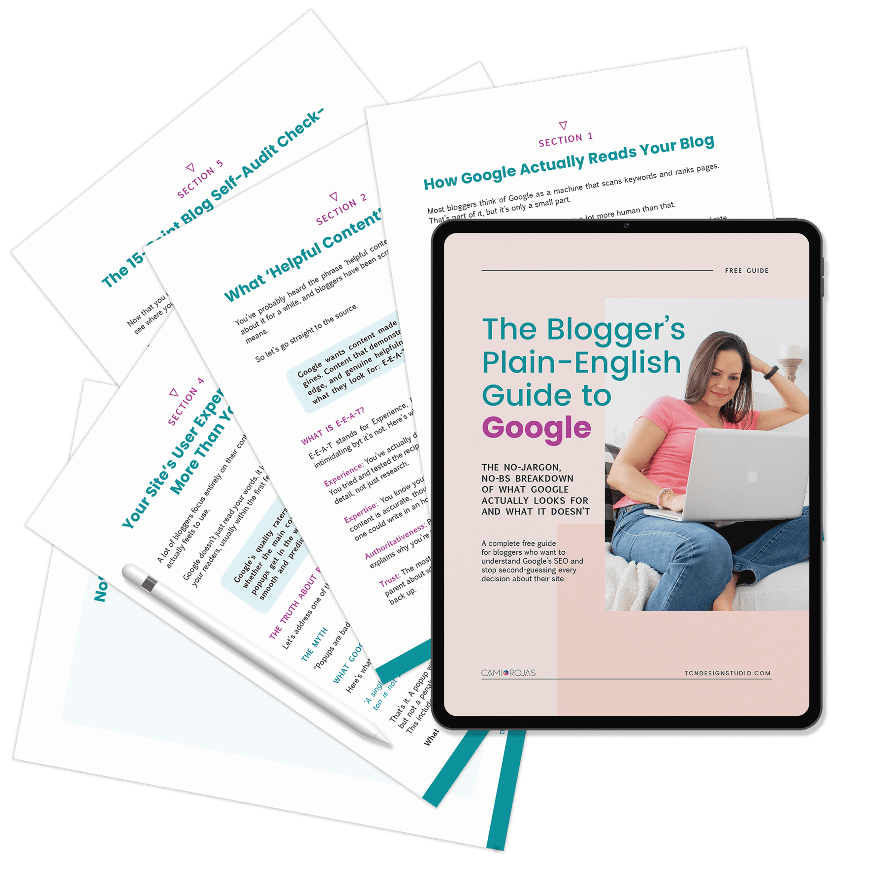 Girl reading a blog guide on Google SEO and content optimization.